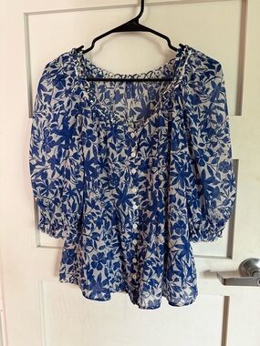 Silk Button-Front Peasant Blouse